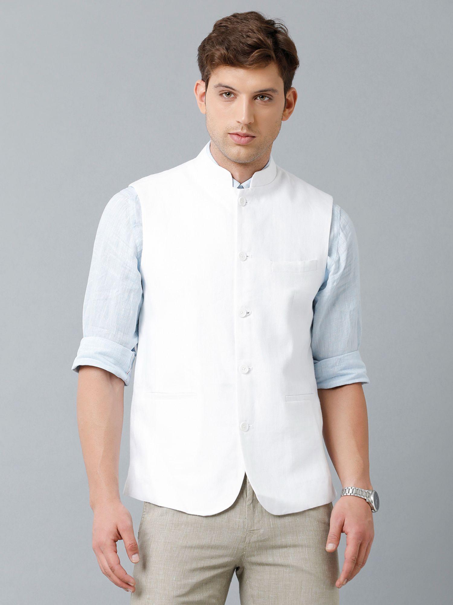 men's pure linen white solid nehru jacket