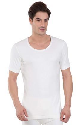 men's round neck solid thermal vest - off white