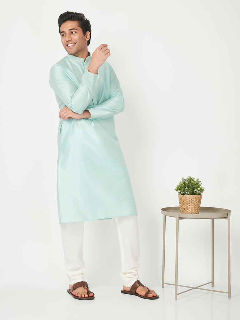 men's sea green polyester cotton solid kurta churidar sets