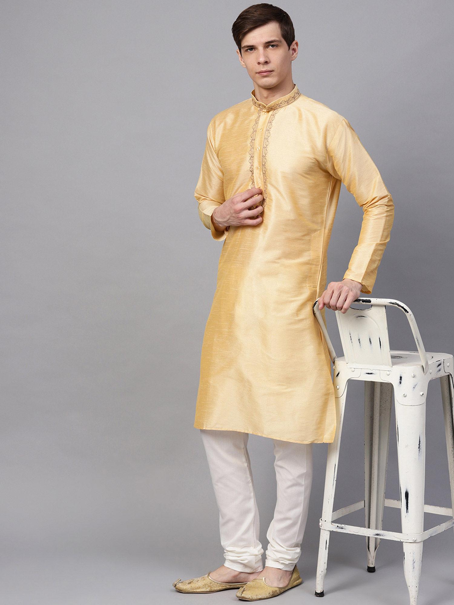 men's silk blend gold kurta and off white churidar pyjama set (set of 2)
