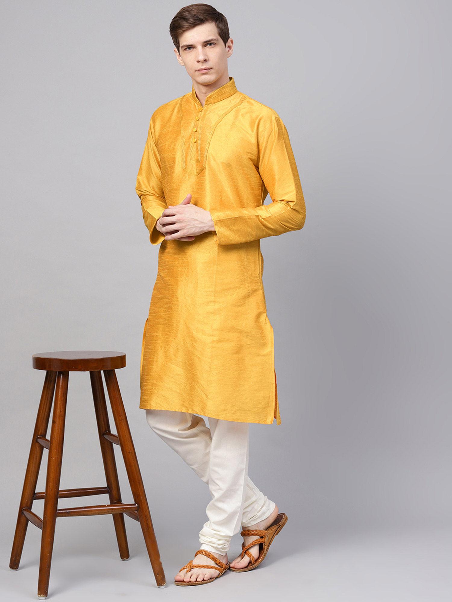 men's silk blend mustard kurta & off white churidar pyjama set (set of 2)