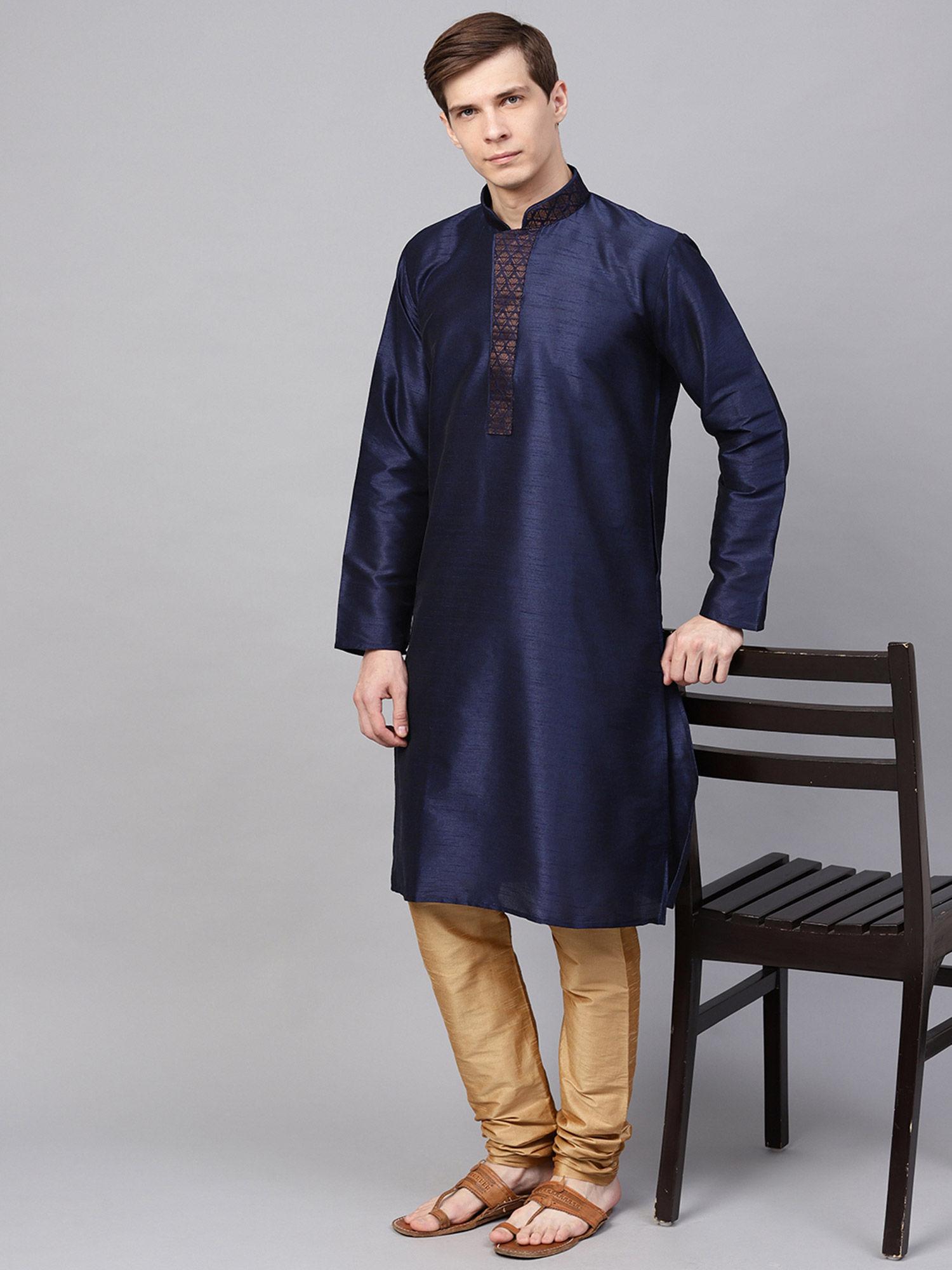 men's silk blend navy blue kurta & off white churidar pyjama set (set of 2)