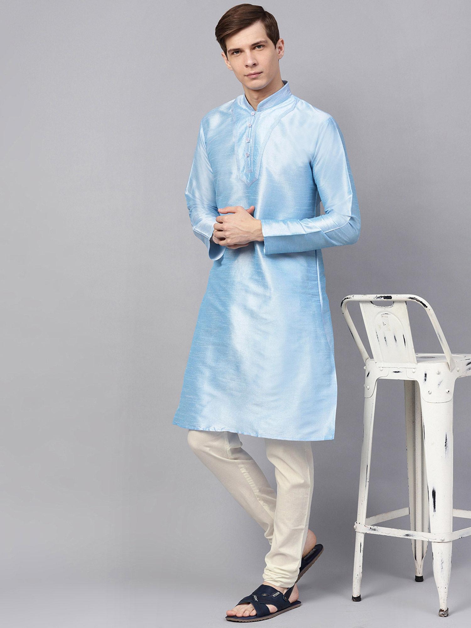 men's silk blend sky blue kurta & off white churidar pyjama set (set of 2)