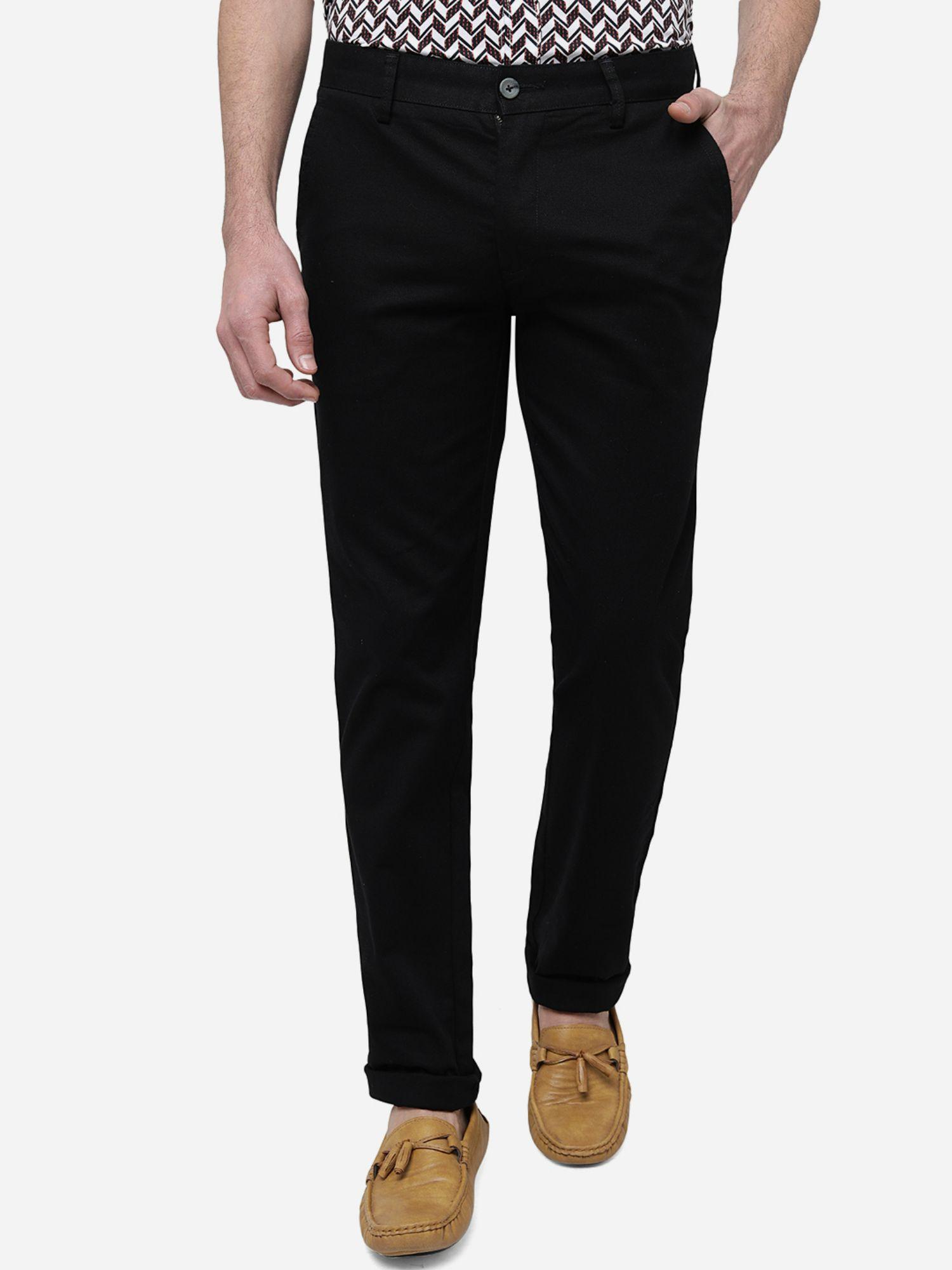 men's solid black cotton super slim fit casual trouser