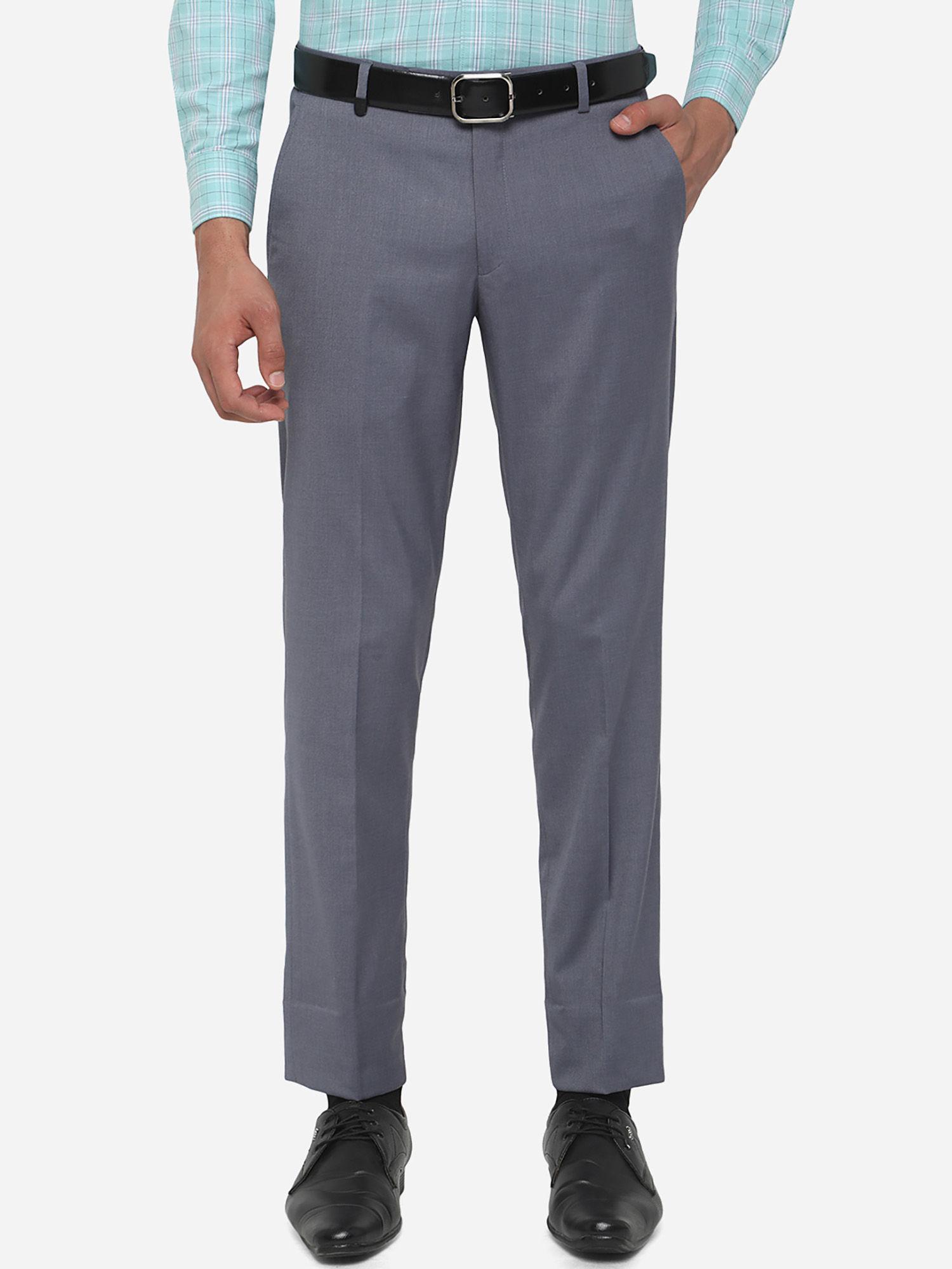men's solid blue terry wool super slim fit formal trouser