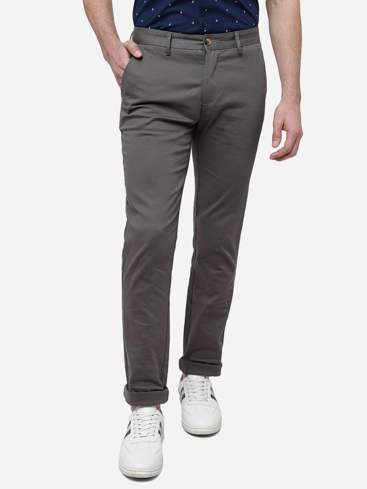 men's solid light grey cotton super slim fit casual trouser