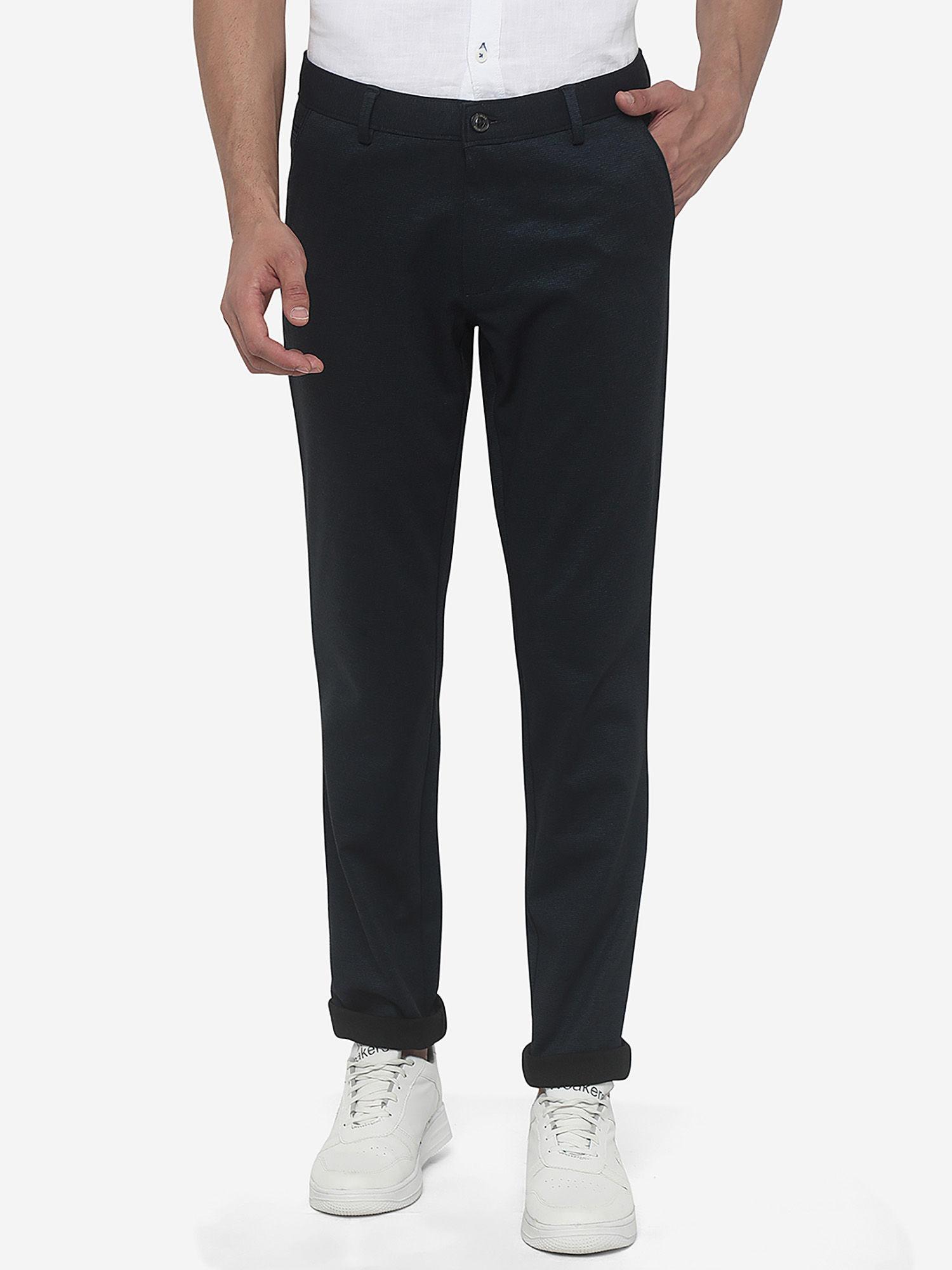 men's solid navy blue cotton blend slim fit formal trouser