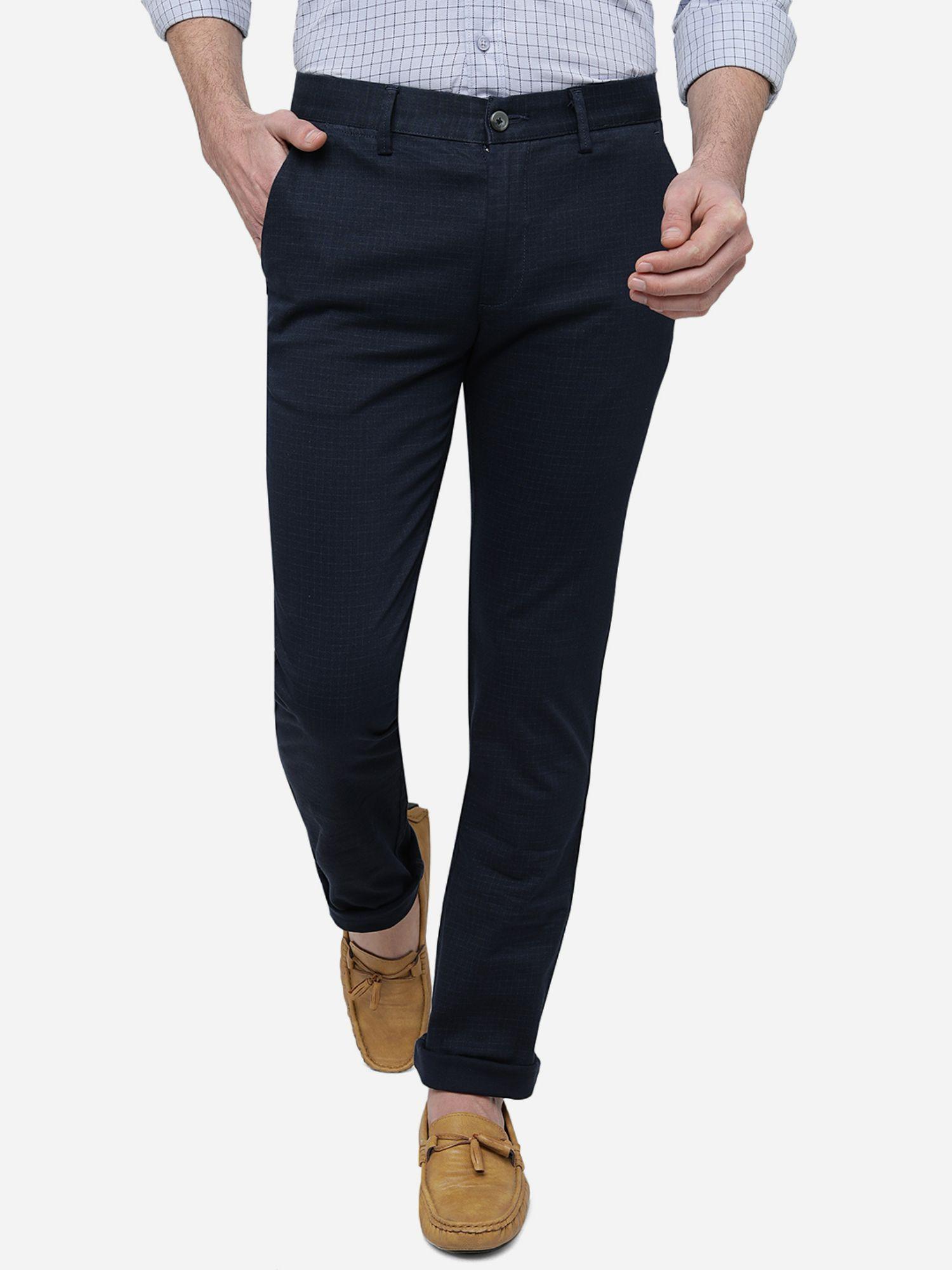 men's solid navy blue cotton super slim fit casual trouser