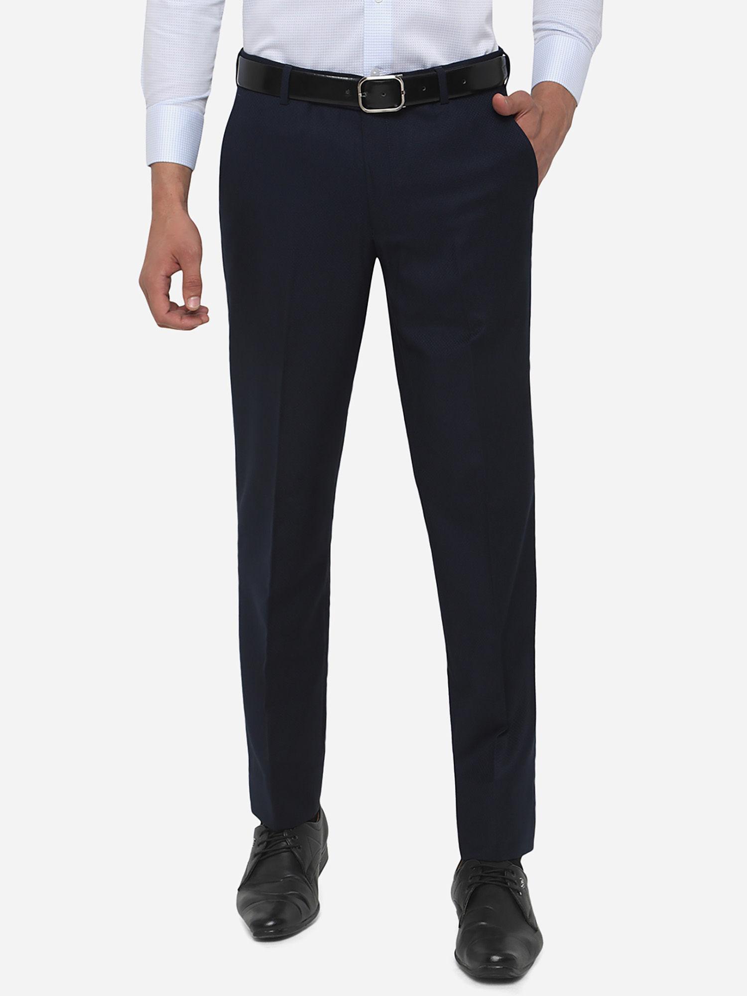men's solid navy blue terry wool slim fit formal trouser