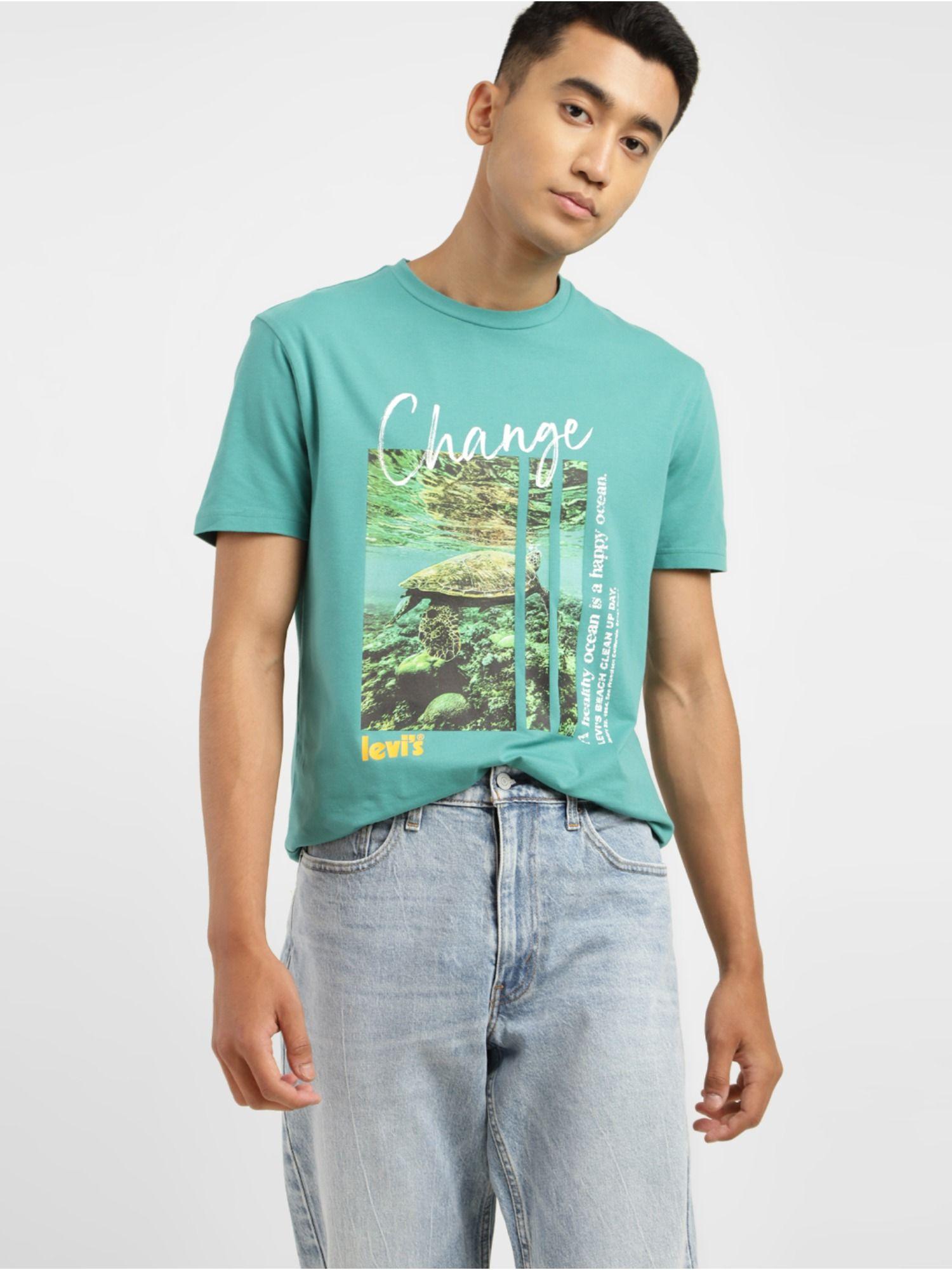 men's turquoise graphic printed crew neck t-shirt