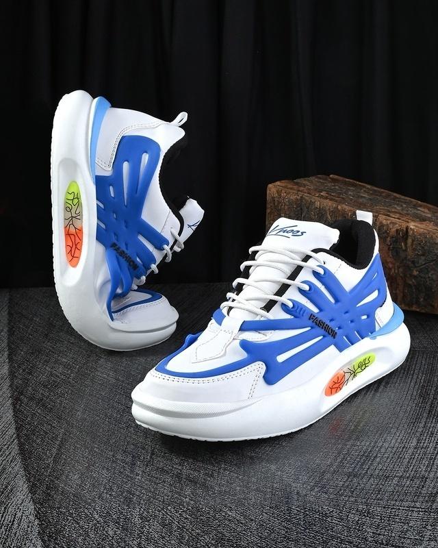 men's white & blue fully flexible color block sneakers