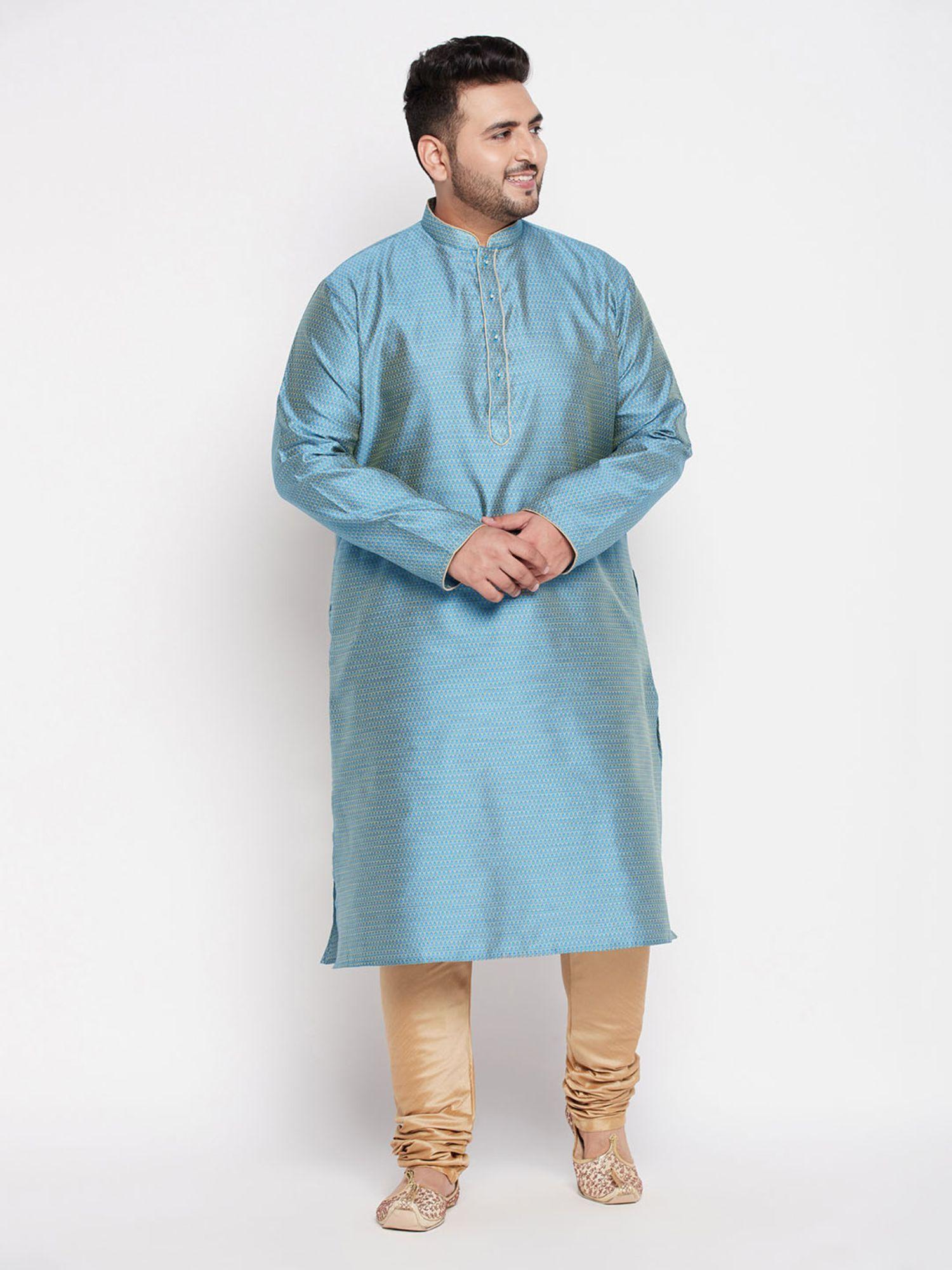 men's aqua blue and rose gold silk blend kurta pyjama (set of 2)
