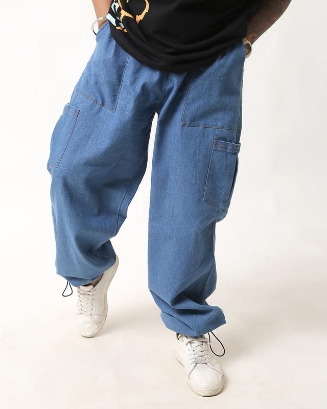 men's aquamarine blue loose comfort fit cargo parachute pants