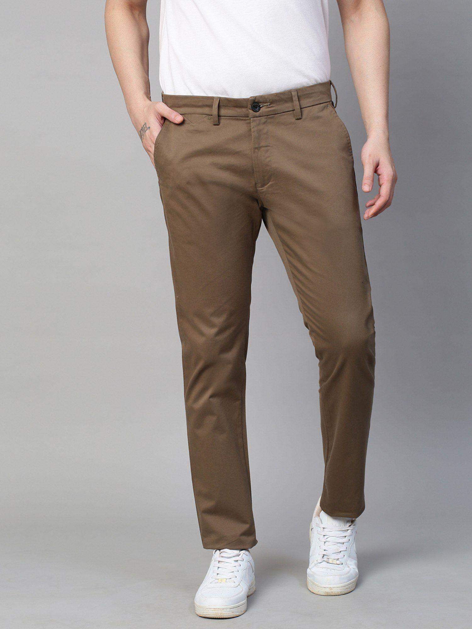 men's beige brown stretch caribbean slim fit solid trousers