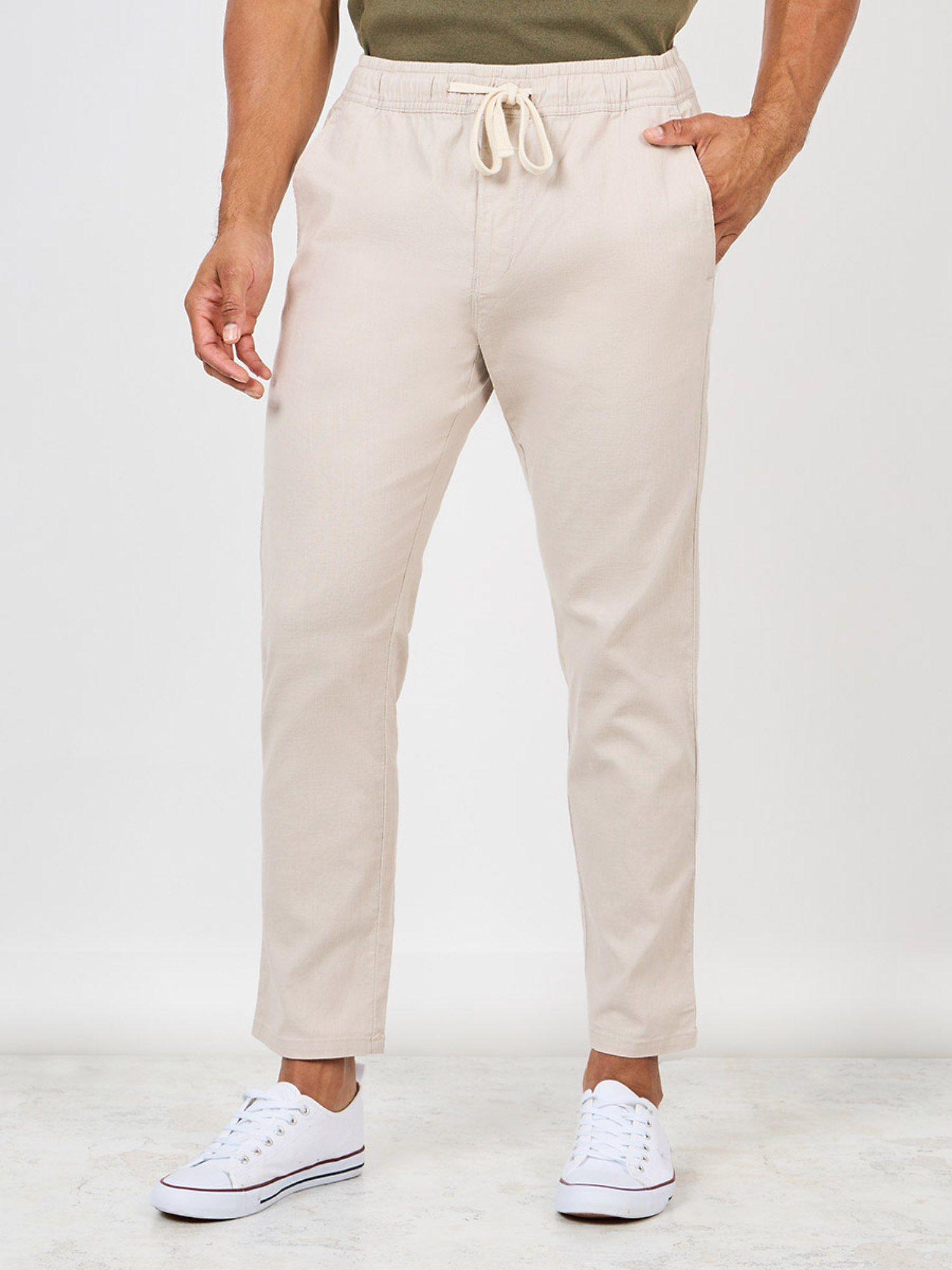 men's beige cotton slub relaxed fit lounge trousers