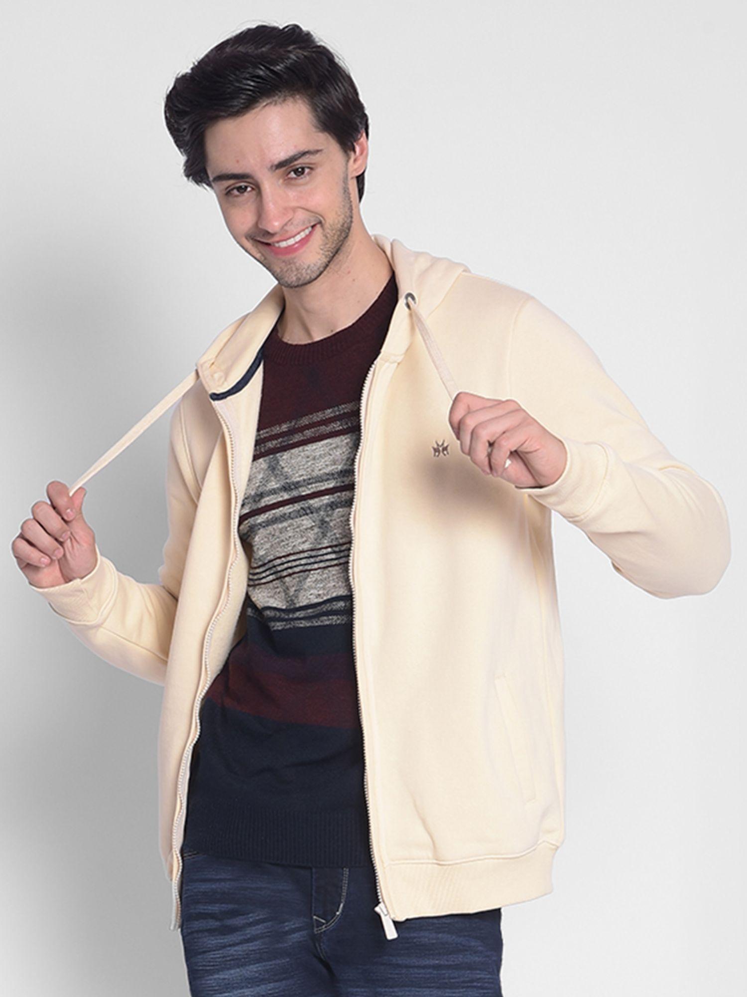 men's beige hooded front-open sweatshirt