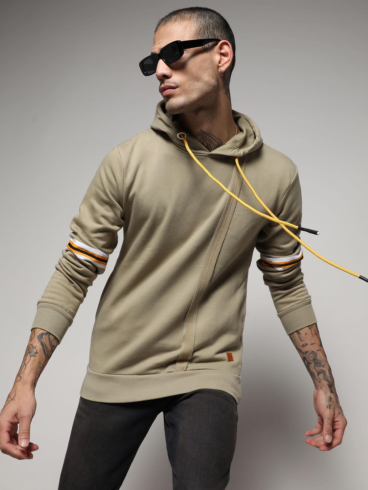 men's beige pullover hoodie with contrast striped sleeve