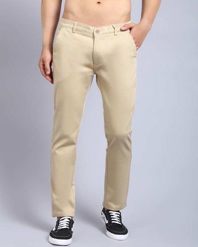 men's beige self designed slim fit trousers