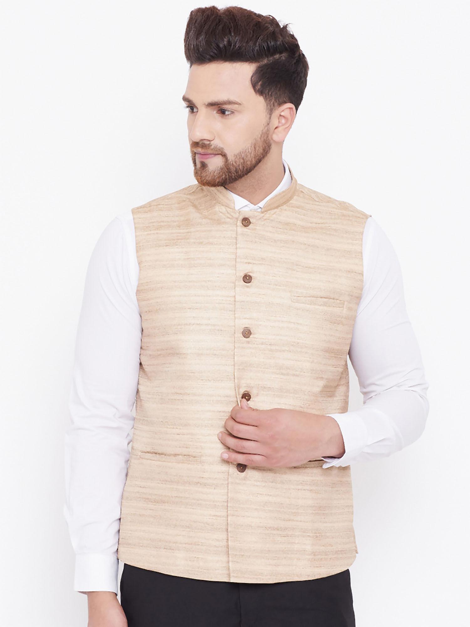 men's beige silk blend nehru jacket