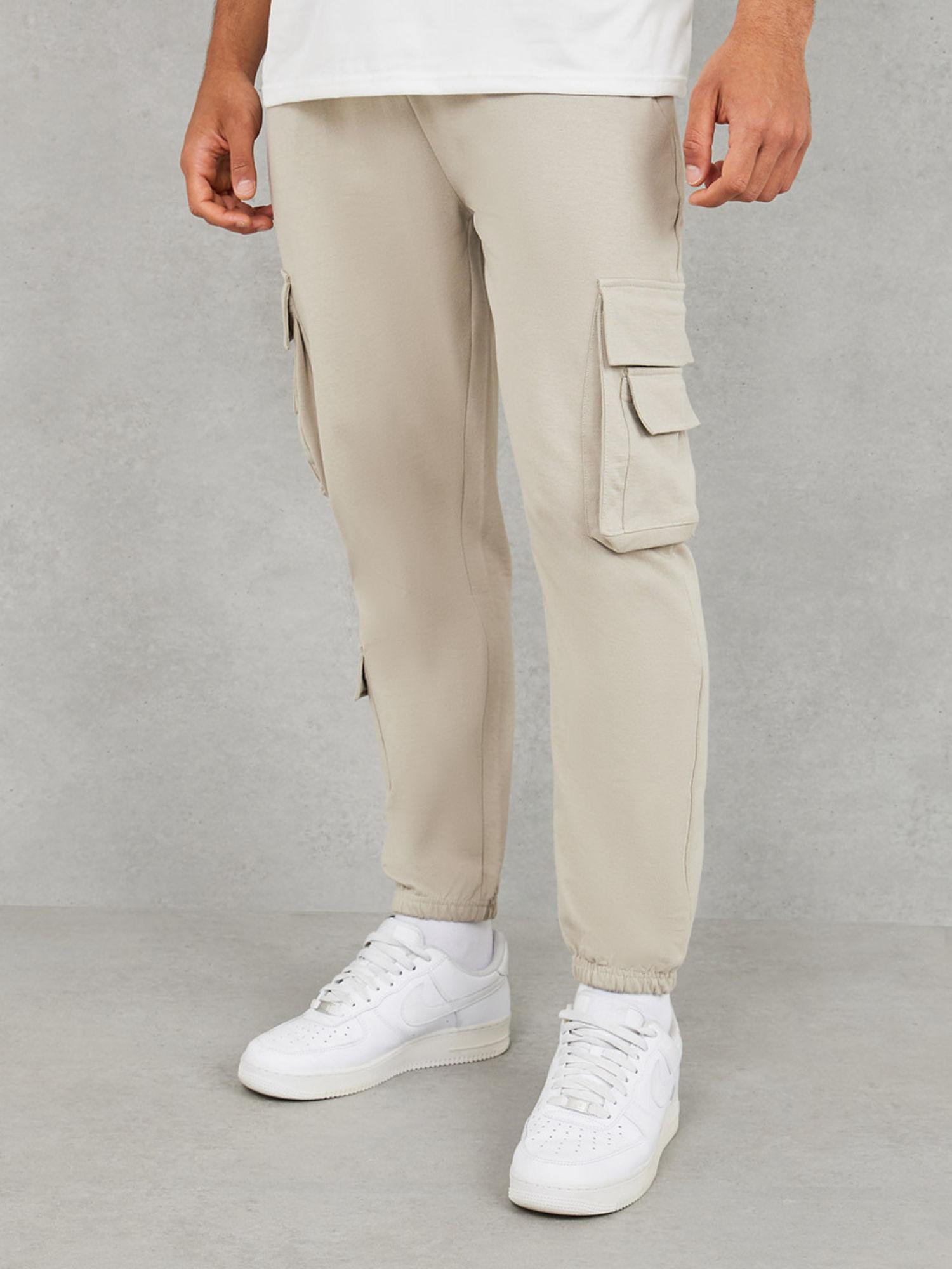 men's beige solid cotton cargo zipper pockets jogger