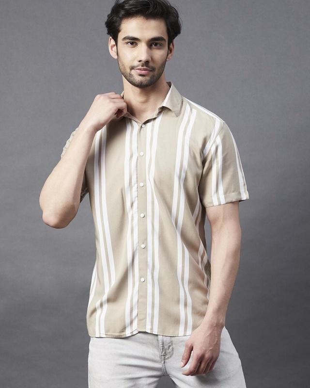 men's beige striped slim fit shirt