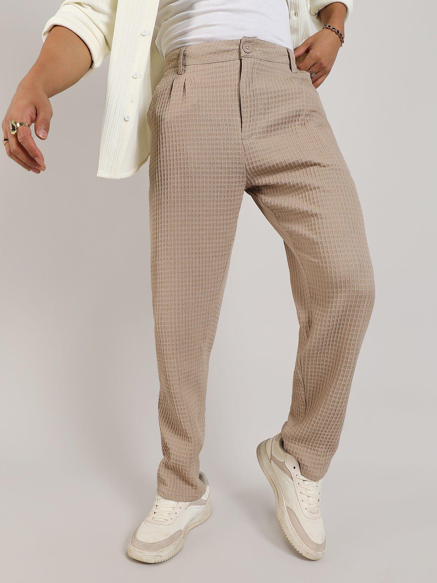 men's beige textured graph check trouser