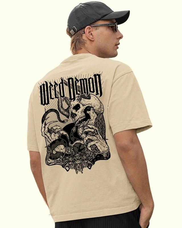men's beige weed demon graphic printed oversized t-shirt