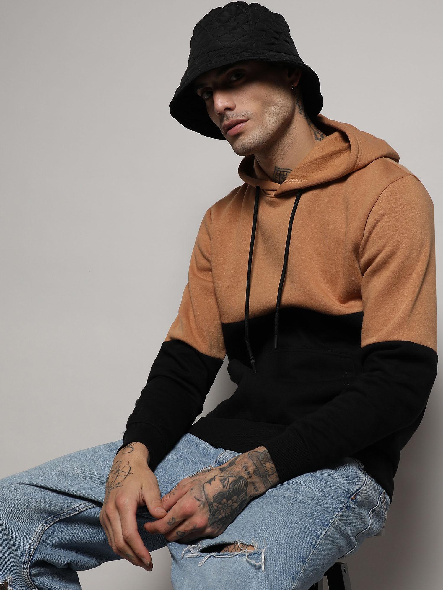 men's black & brown pullover hoodie with ribbed hem