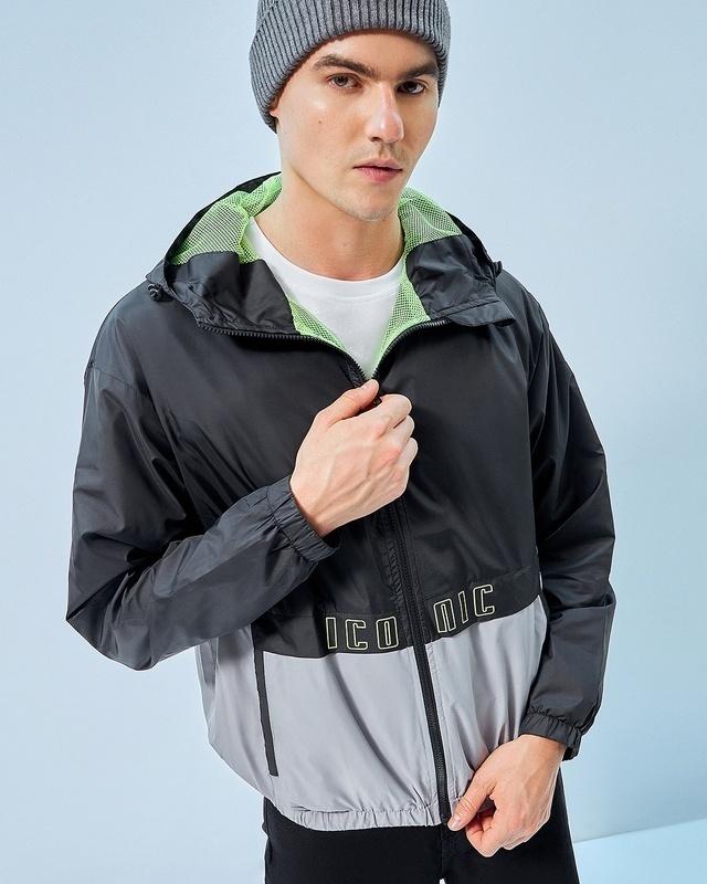 men's black & grey color block oversized windcheater jacket