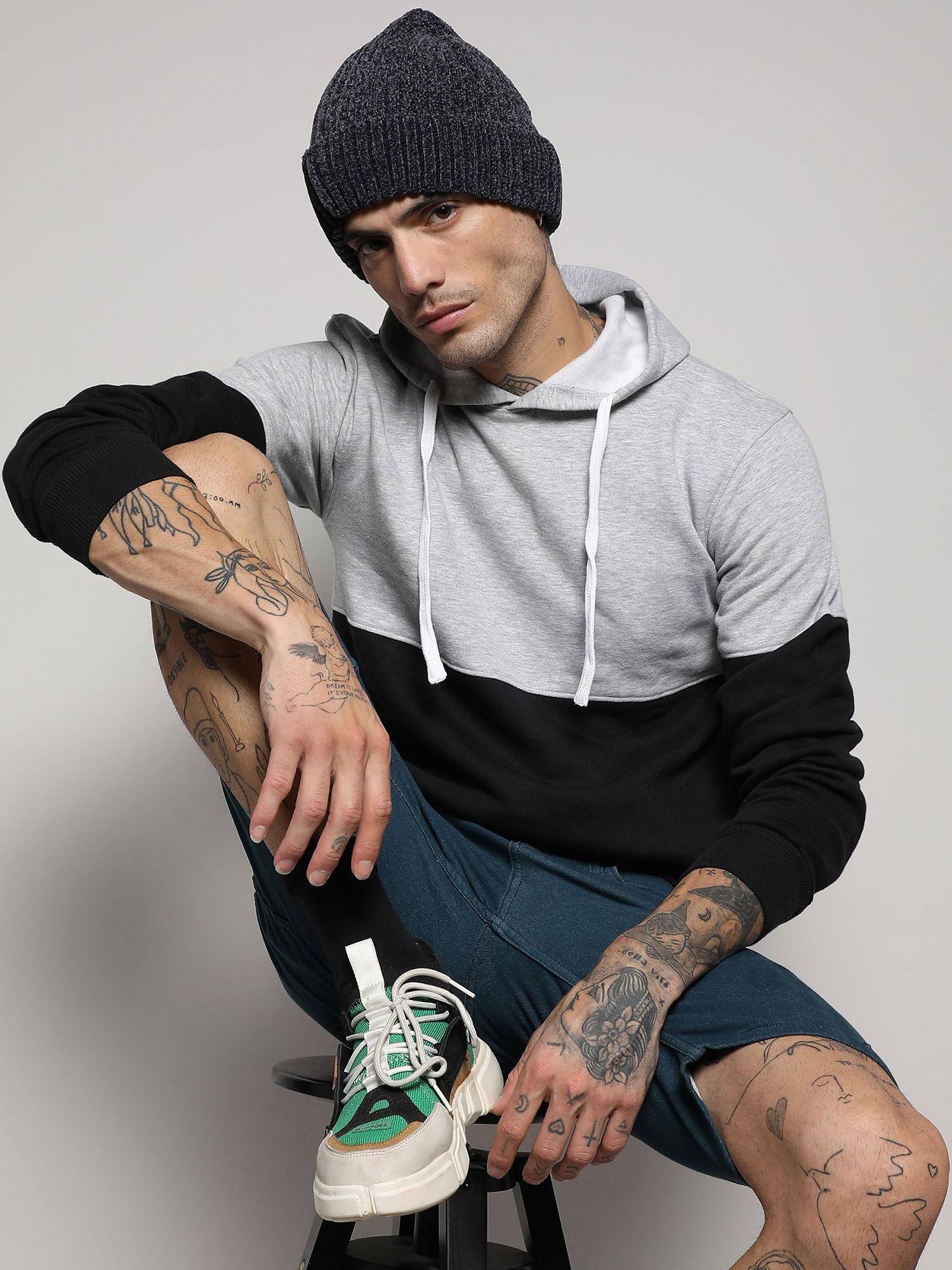 men's black & grey pullover hoodie with ribbed hem