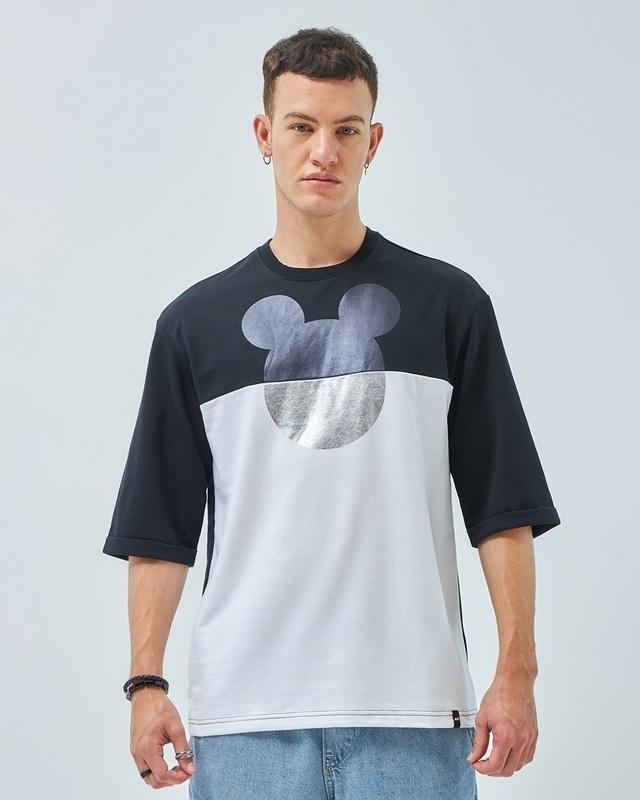 men's black & white mickey graphic printed super loose fit t-shirt