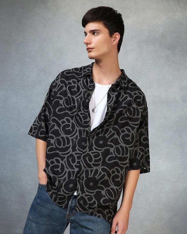 men's black all over printed super loose fit shirt