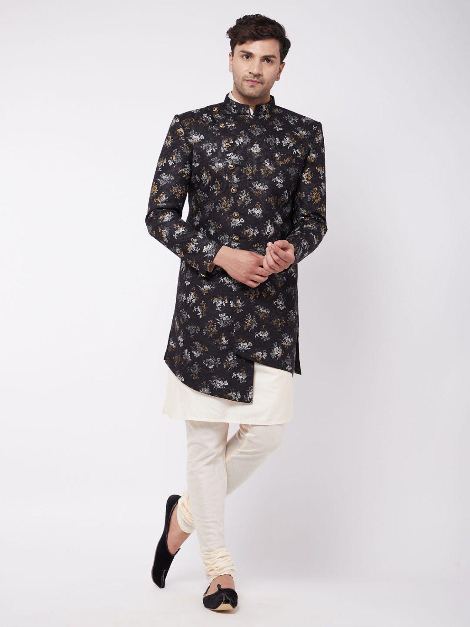 men's black and cream polyester lurex blend sherwani set (set of 3)