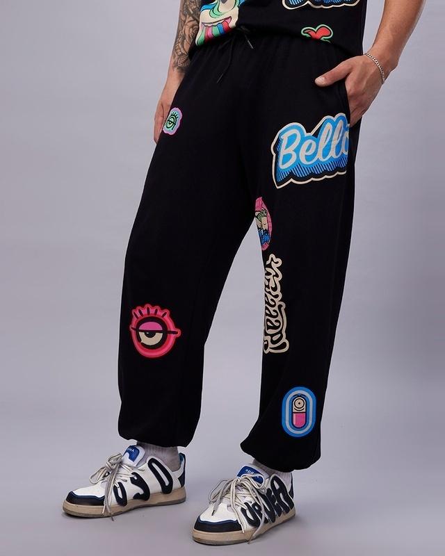 men's black bellow minion graphic printed super loose fit joggers