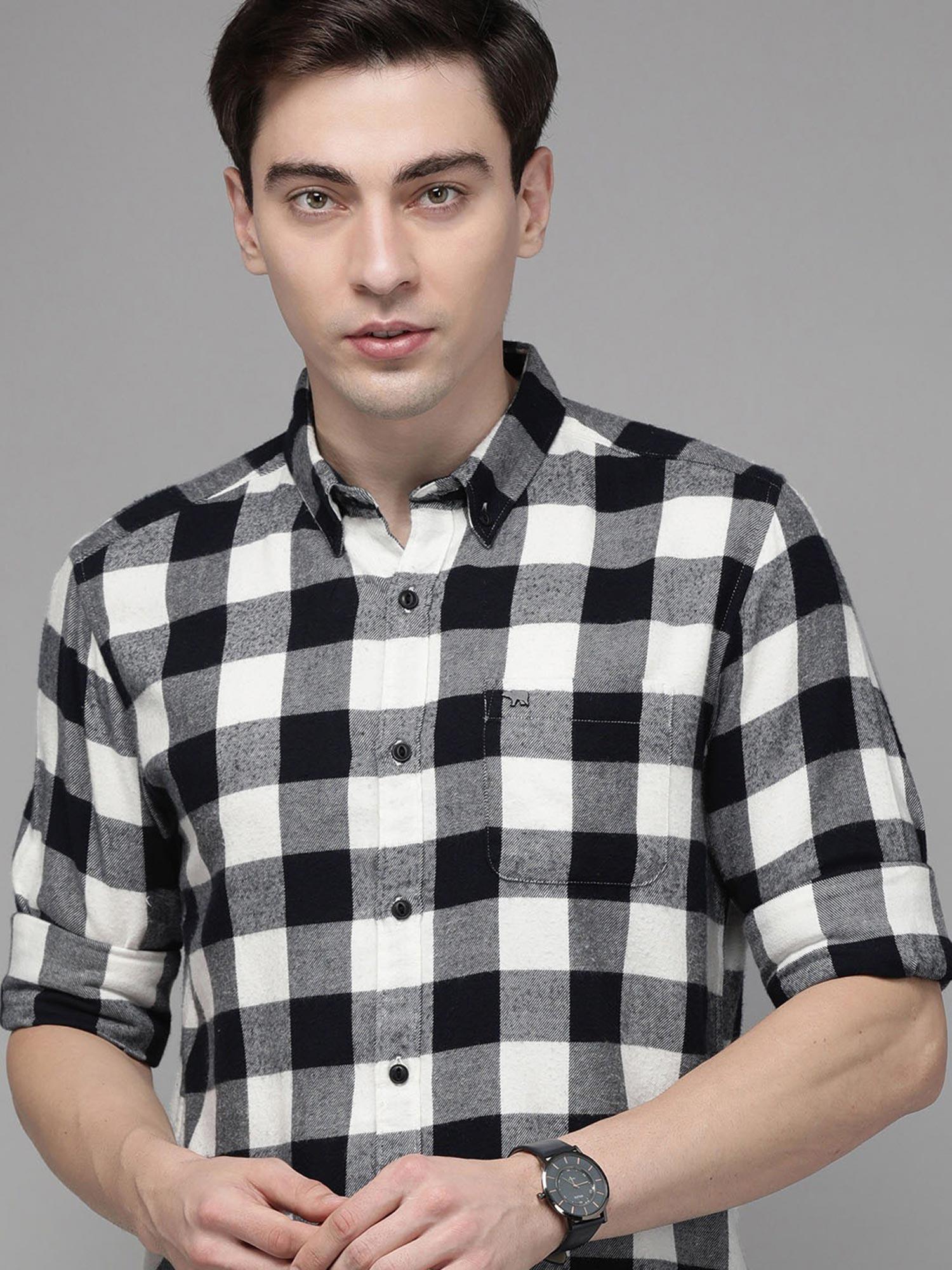 men's black checked flannel slim fit casual shirt