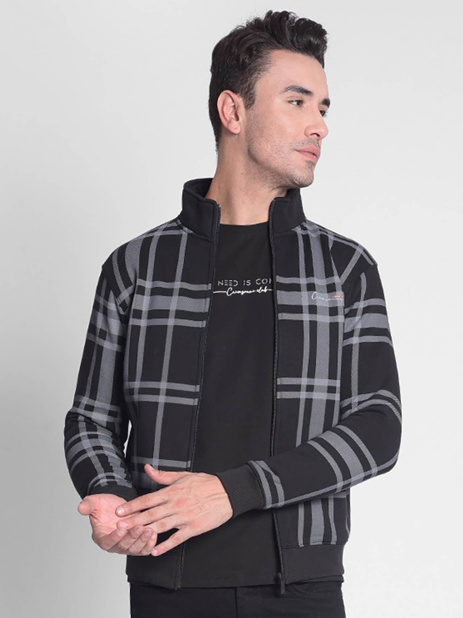 men's black checked front-open sweat-shirt