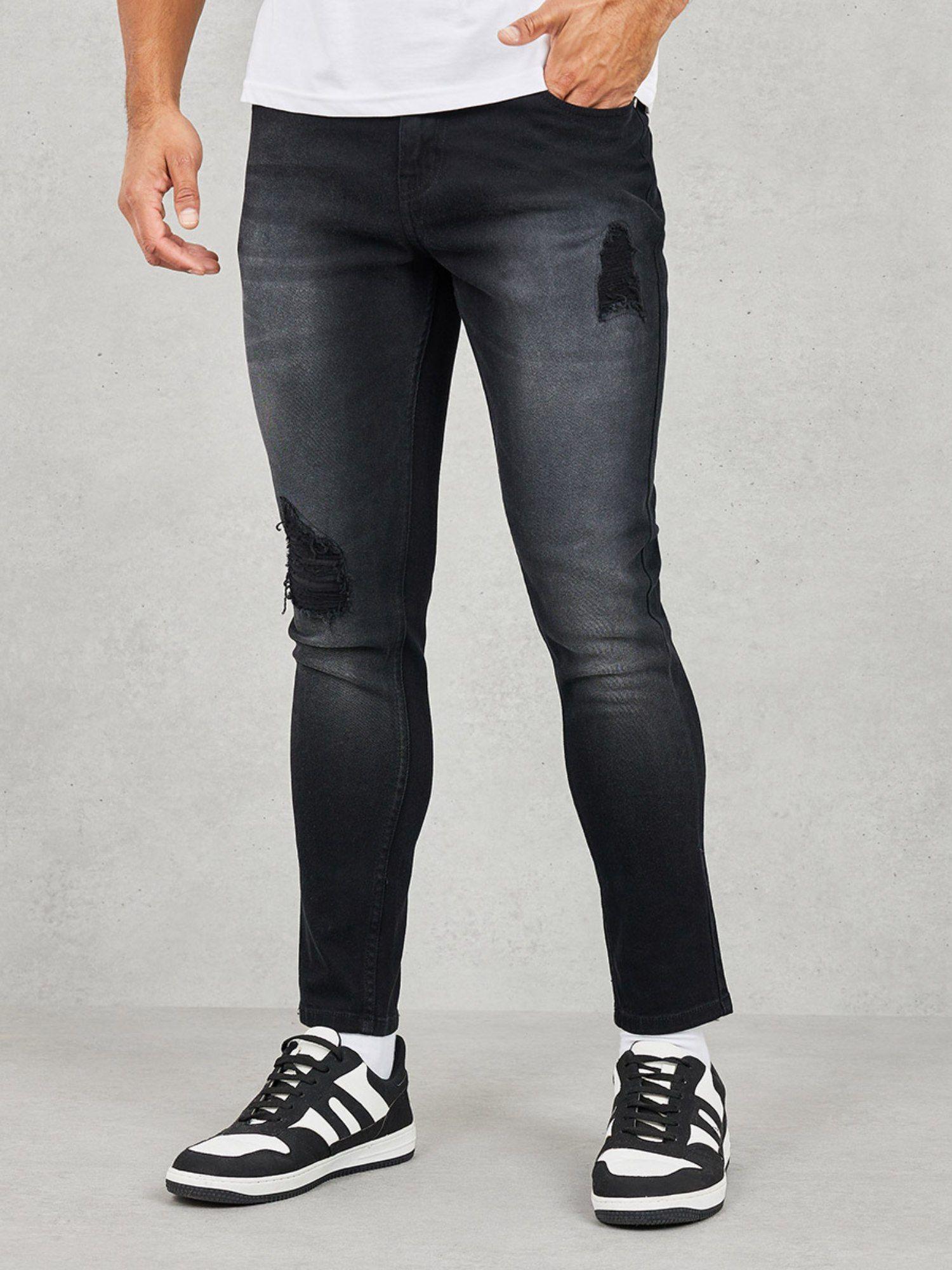 men's black cotton overdyed ripped & repair skinny fit jeans