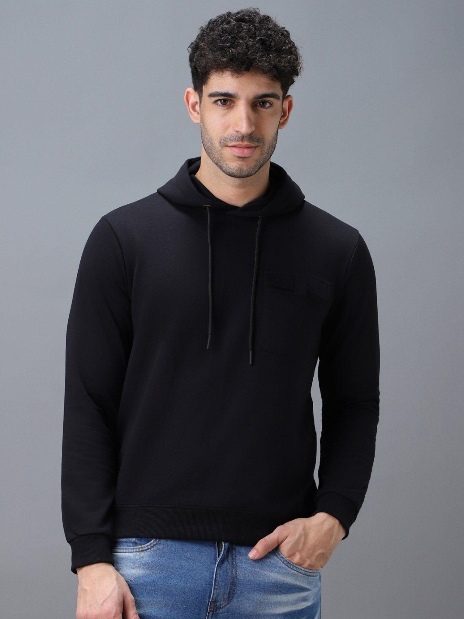 men's black cotton solid hooded neck sweatshirt