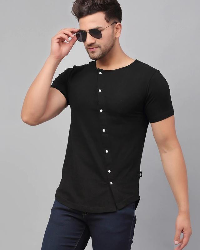 men's black cross buttons slim fit t-shirt