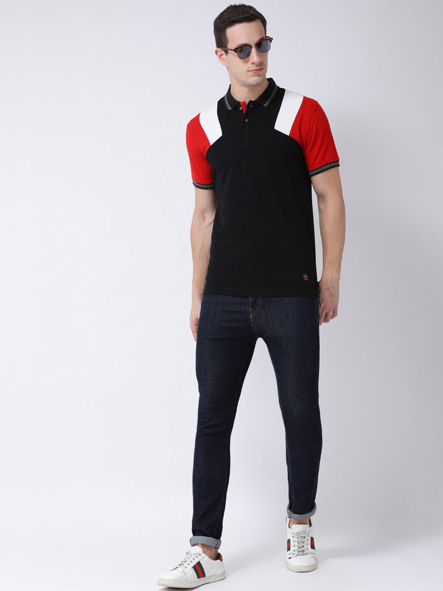 men's black cut and sew half sleeve polo neck t-shirt