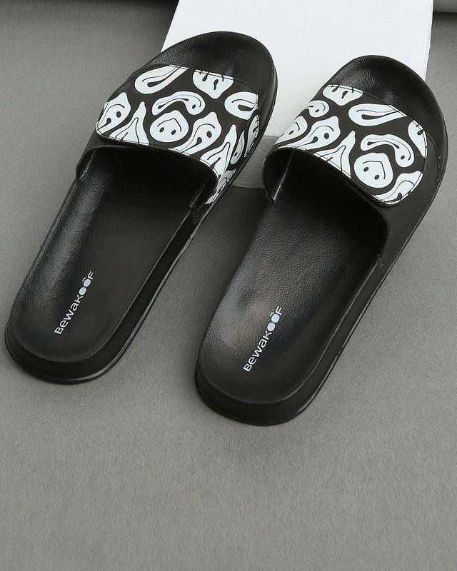 men's black drippin smile printed velcro sliders