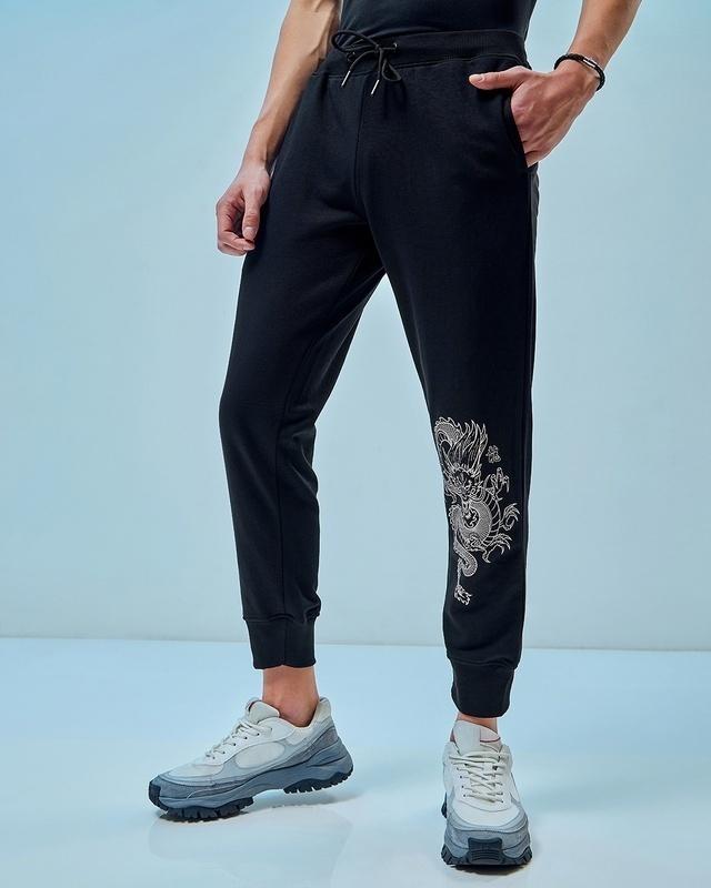 men's black firece printed super loose fit joggers