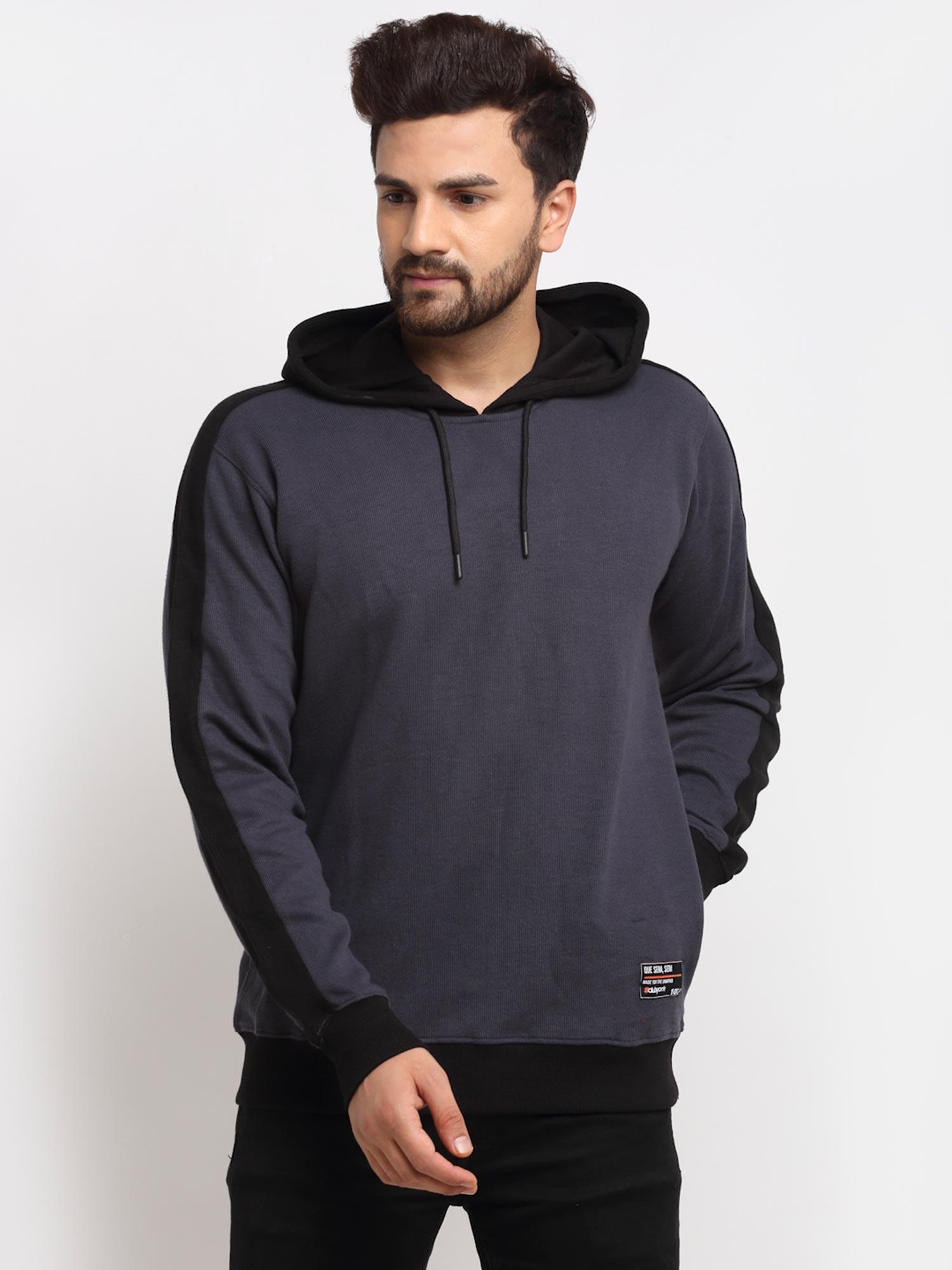 men's black full sleeve colour blocked hooded sweatshirt