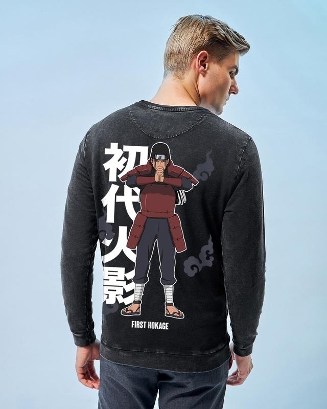 men's black hokage hashirama graphic printed acid wash sweatshirt