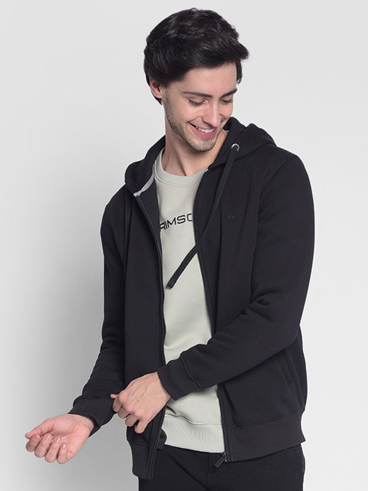 men's black hooded front-open sweatshirt