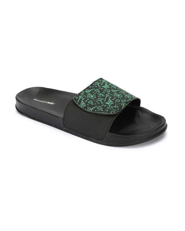 men's black joker all over printed velcro sliders