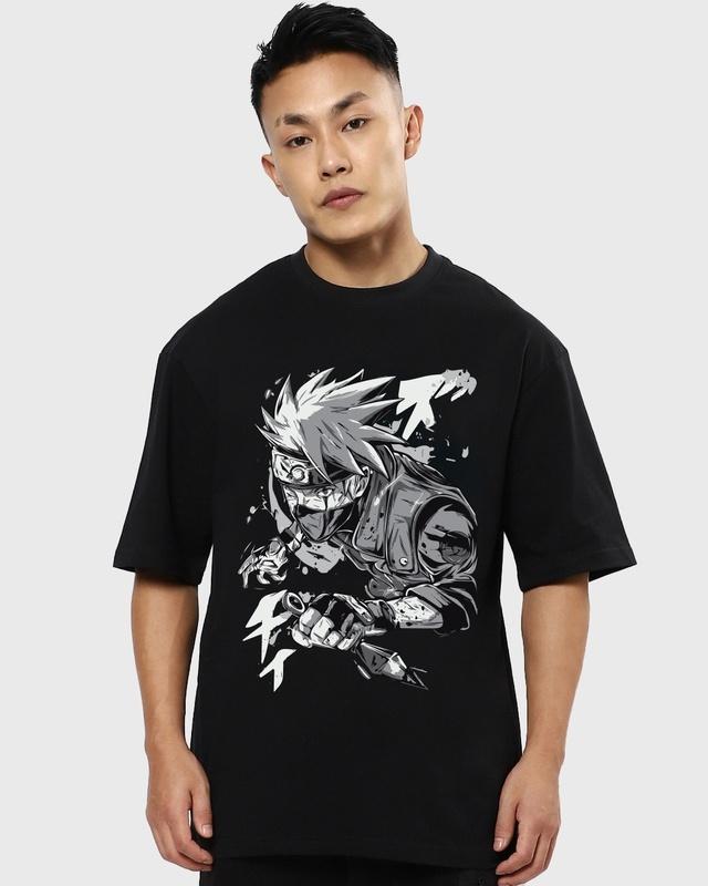 men's black kakashi sensei graphic printed oversized t-shirt