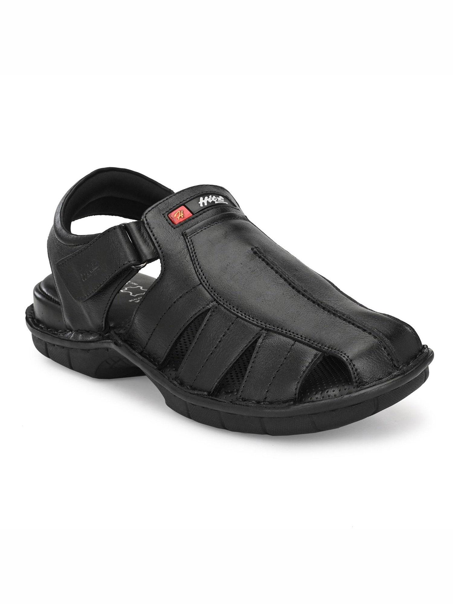 men's black leather comfort sandals with velcro closure