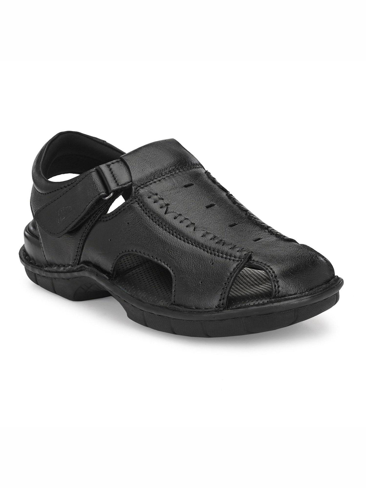 men's black leather comfort sandals with velcro closure