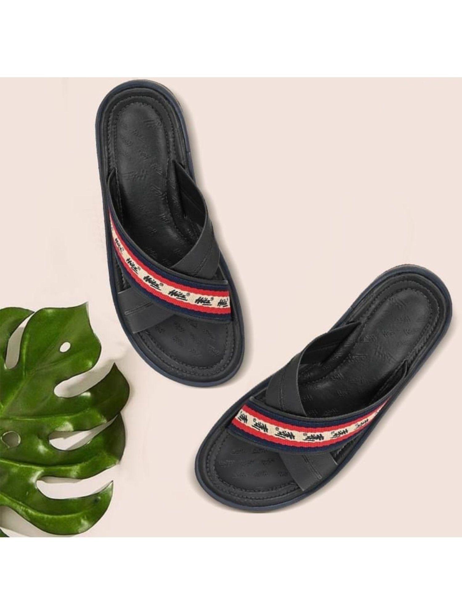 men's black leather cross strap slippers